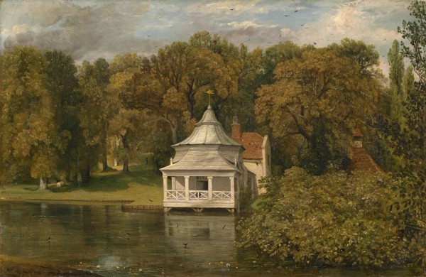A small white cottage by the river by John Constable